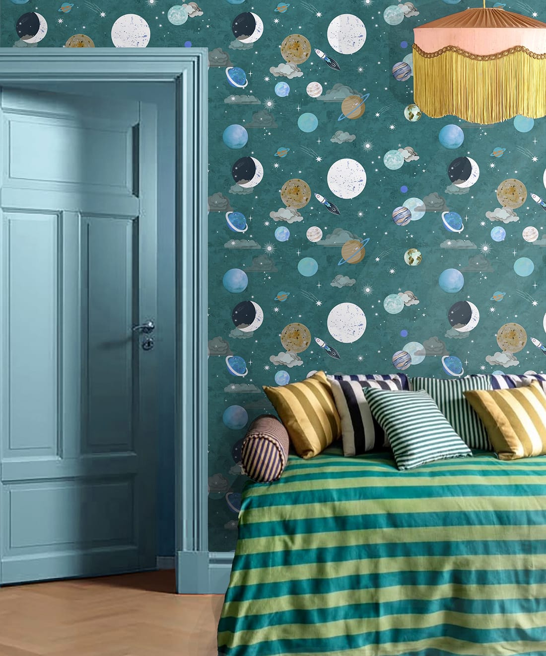 Blast Off Wallpaper - Colourway: Lagoon Blue - Insitu