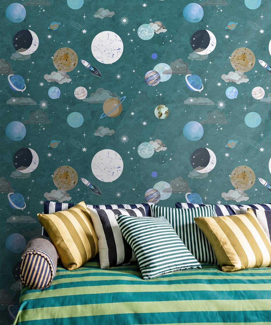 Blast Off Wallpaper - Colourway: Lagoon Blue - Insitu