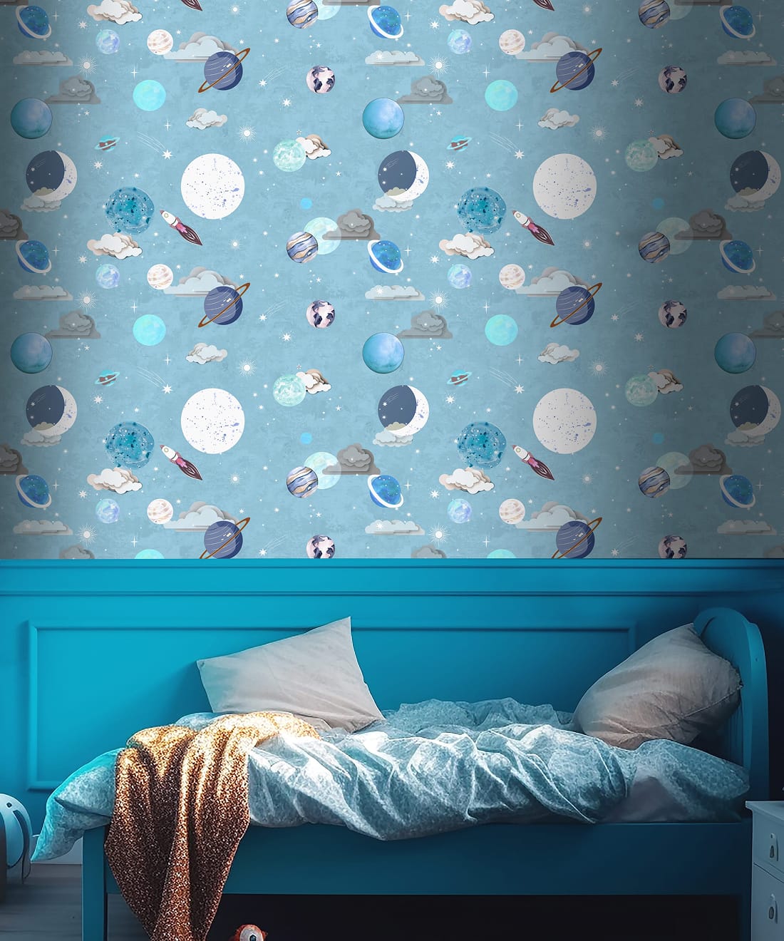 Blast Off Wallpaper - Colourway: Powder Blue - Insitu