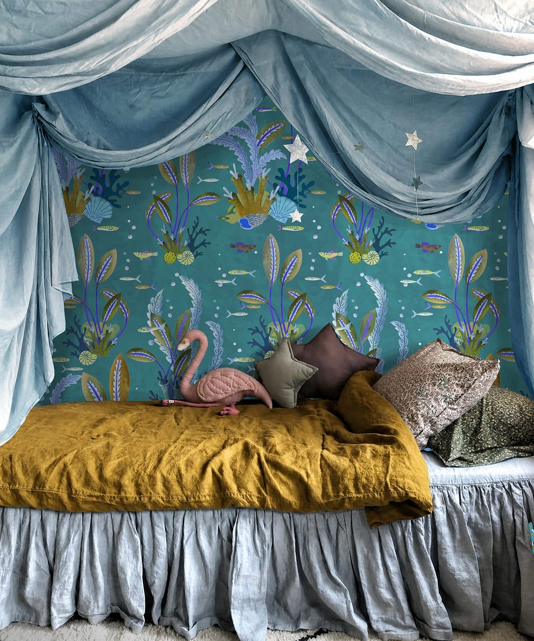 Coral Garden Wallpaper - Colourway: Lagoon Blue - Insitu