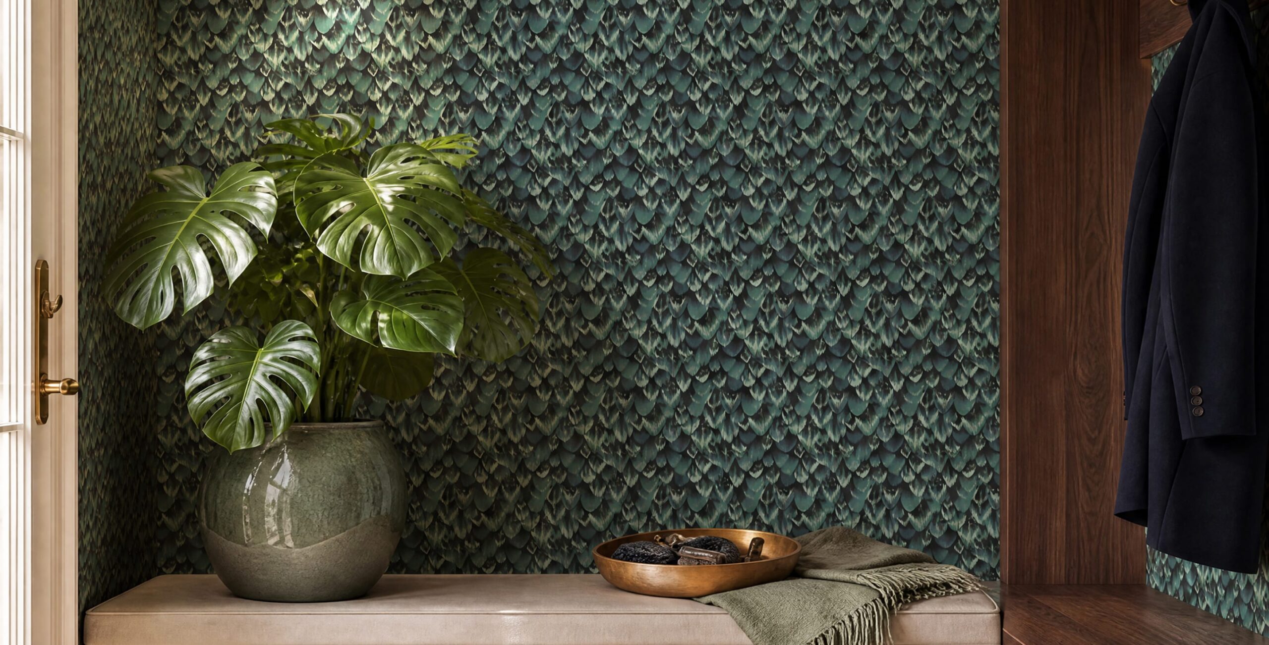 Collection Page Hero Image - Tail Feather Wallpaper - Colourway: Peacock - Insitu
