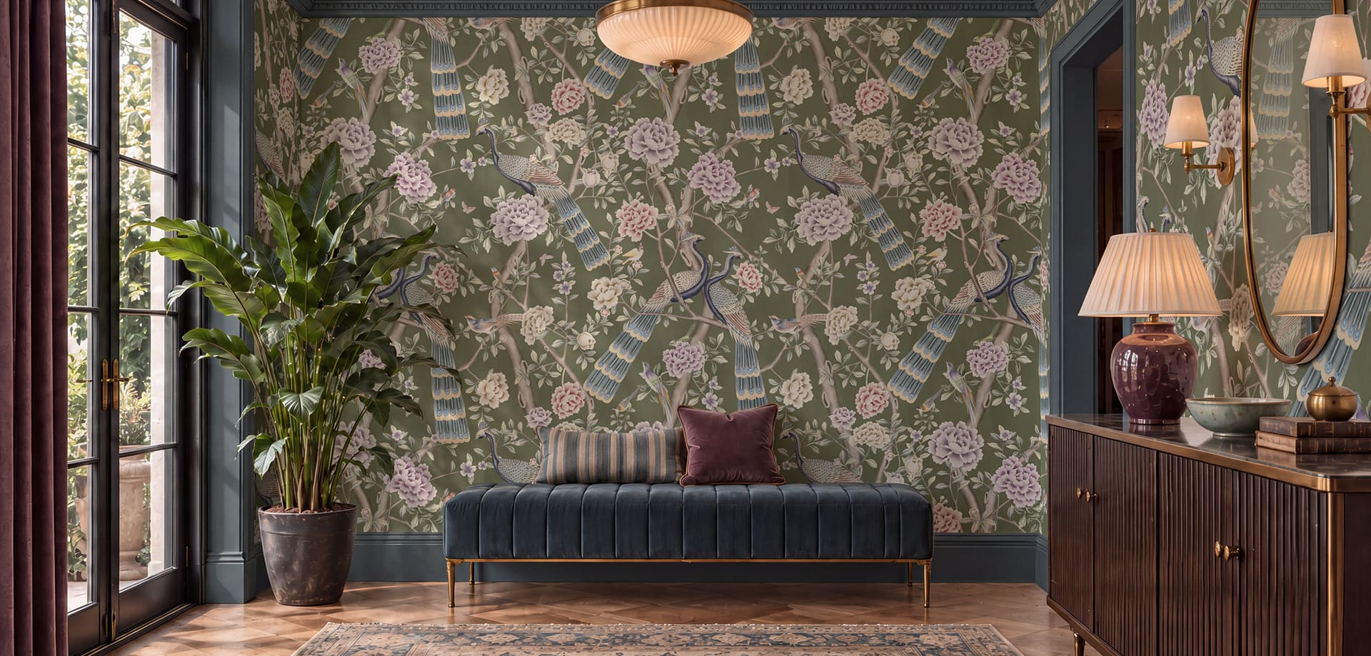 Peacock Pavilion Wallpaper - Colourway: Olive - Insitu - The Garden House Collection - Kingdom Home x Milton & King