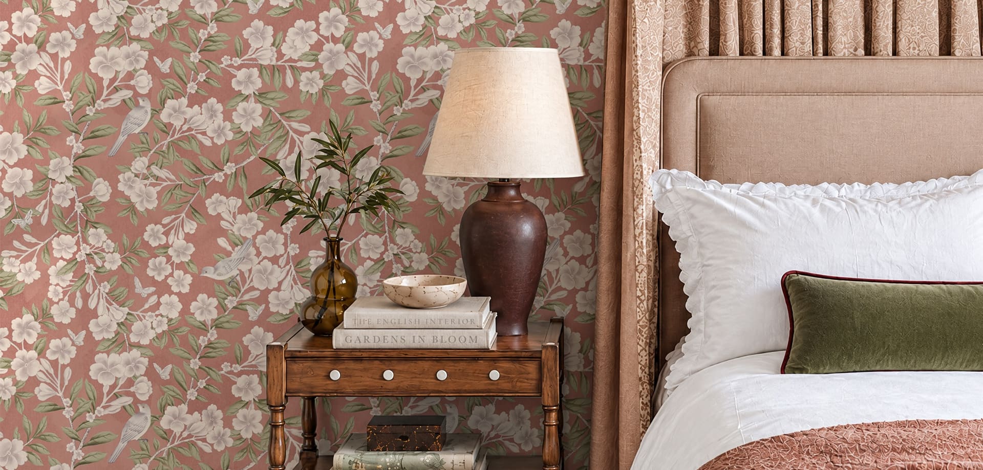 Chelsea Trellis Wallpaper - Colourway: Rosewood - Insitu - The Garden House Collection - Kingdom Home x Milton & King