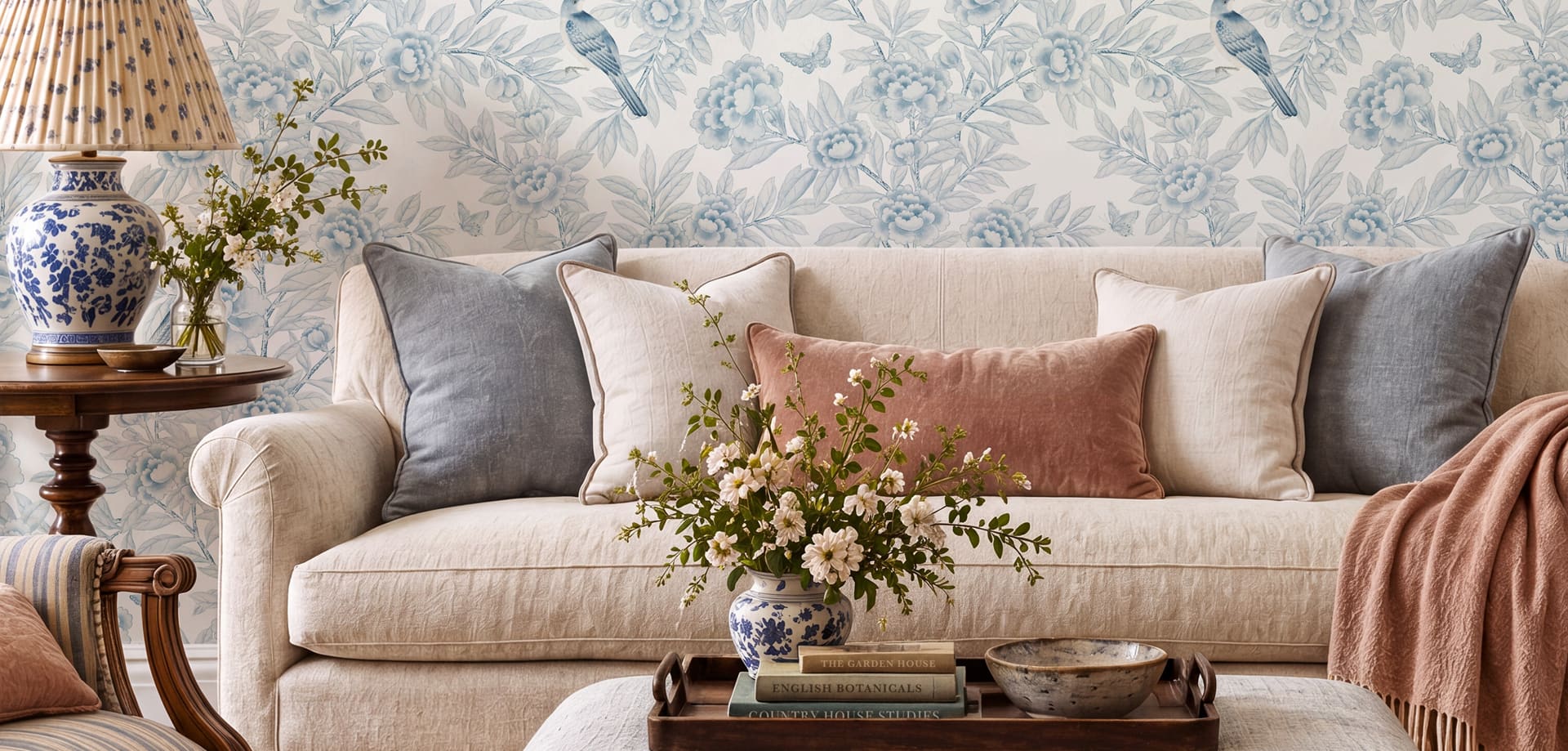 Windsor Garden Wallpaper - Colourway: Porcelain - Insitu - The Garden House Collection - Kingdom Home x Milton & King