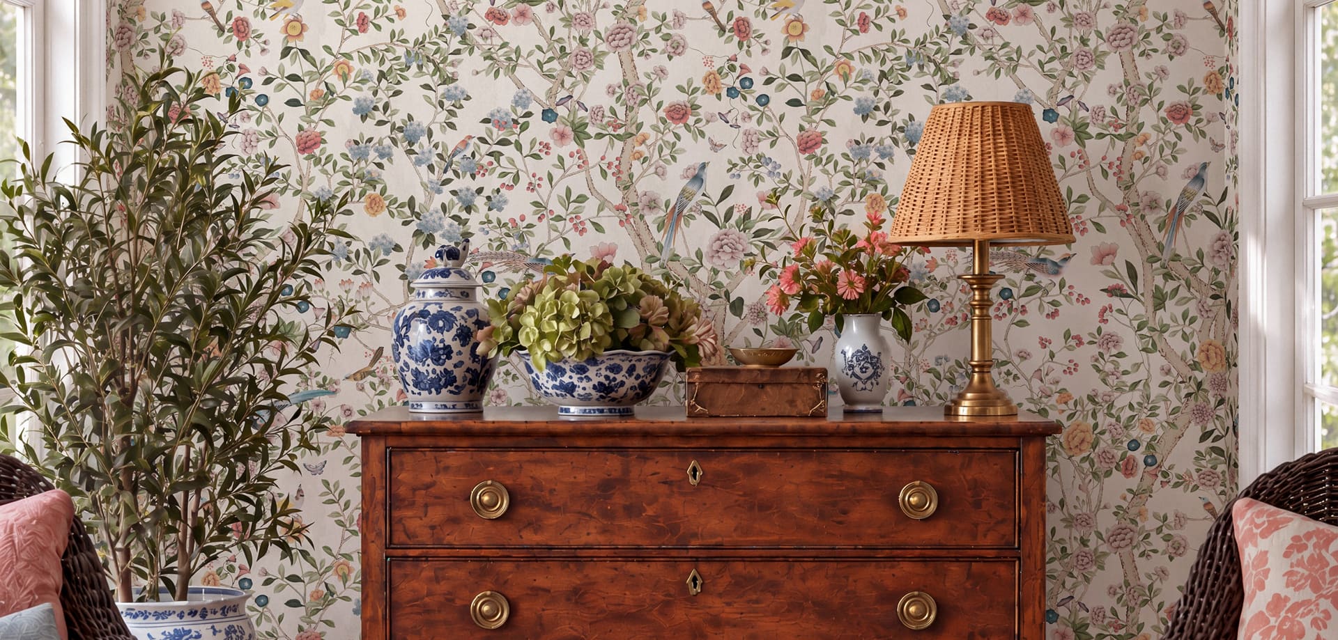 Aviary Garden Wallpaper - Colourway: Rosewood - Insitu - The Garden House Collection - Kingdom Home x Milton & King
