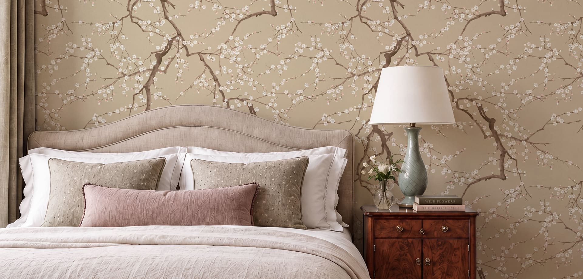 Blossom Branch Wallpaper - Colourway: Parchment - Insitu - The Garden House Collection - Kingdom Home x Milton & King