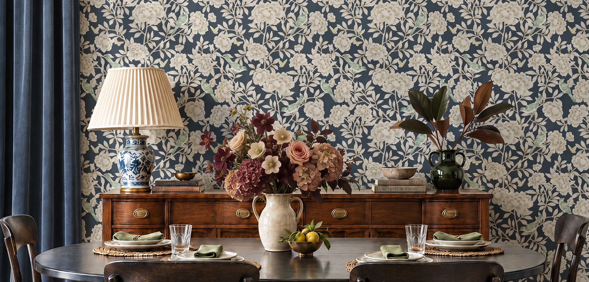 Mayfair Vine Wallpaper - Colourway: Ink - Insitu - The Garden House Collection - Kingdom Home x Milton & King
