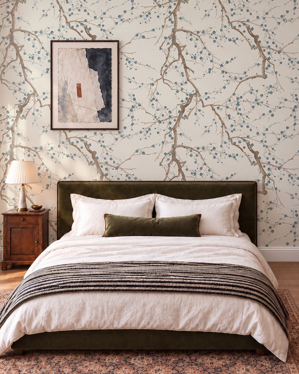 Blossom Branch Grasscloth Wallpaper - Colourway: Ink - Insitu - The Garden House Collection - Kingdom Home x Milton & King